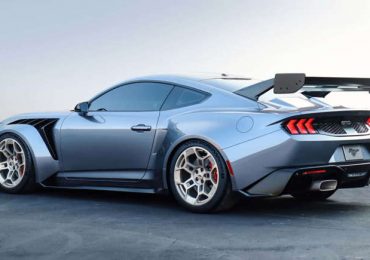 Mustang GTD side profile emphasizing aerodynamic bodywork and racing spoilers.