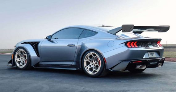 Mustang GTD side profile emphasizing aerodynamic bodywork and racing spoilers.